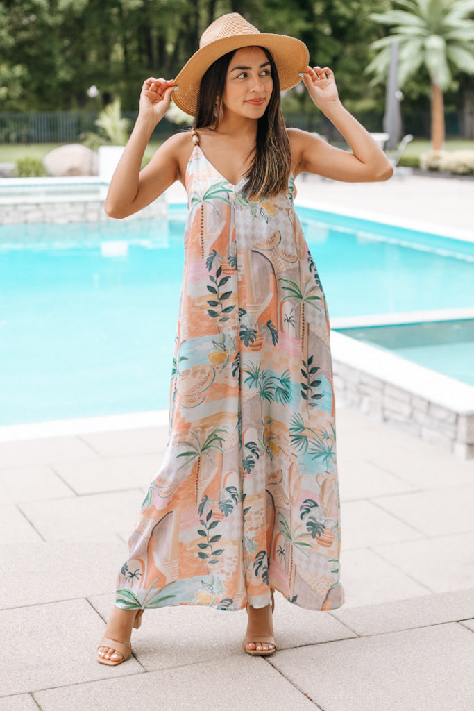 Tropical Print Jumpsuit with Back Tie