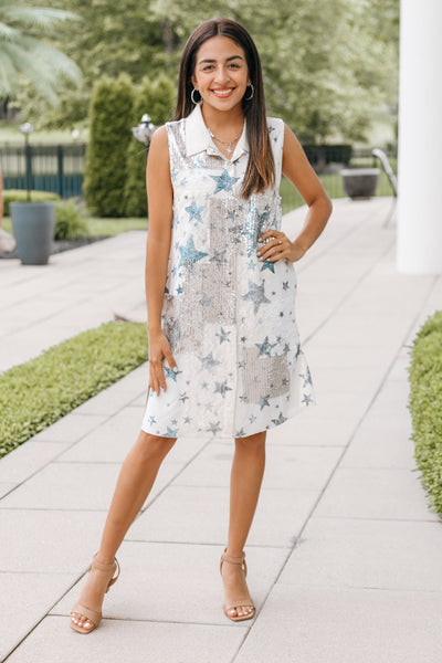 Lace & Sequin Button-Up Sleeveless Dress With Collar