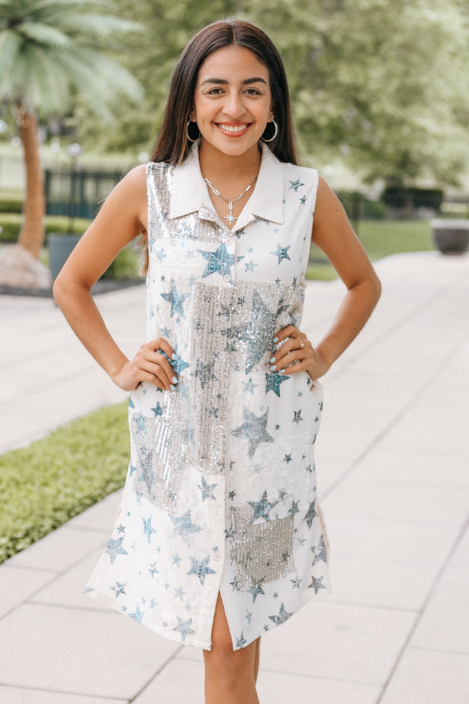 Lace &amp; Sequin Button-Up Sleeveless Dress With Collar