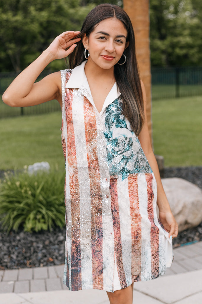 Roses &amp; Stripes Sequin Lace Sleeveless Dress