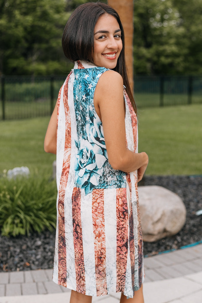 Roses & Stripes Sequin Lace Sleeveless Dress