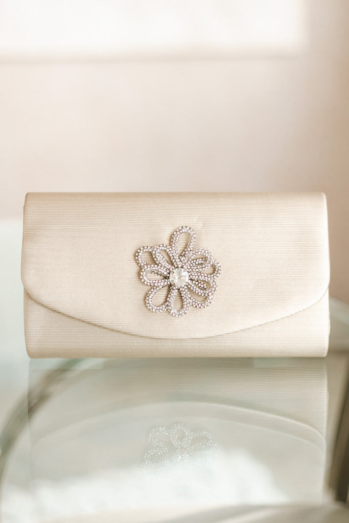 Rhinestone Flower Front Shiny Fabric Clutch