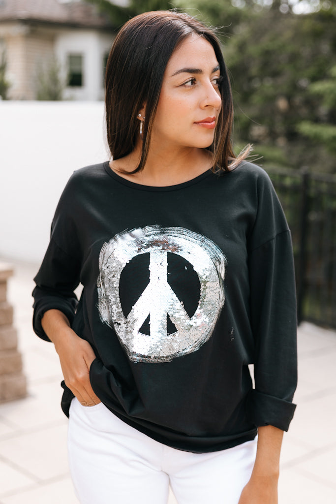 Peace Sign Sequin & Brush Stroke Pattern Top