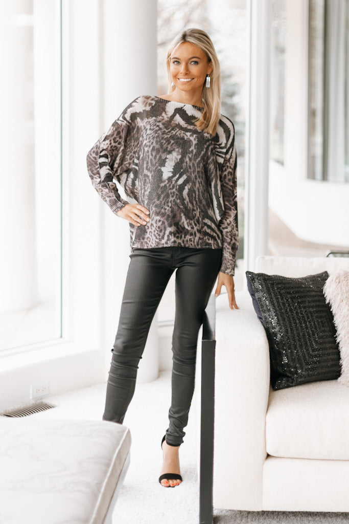 Metallic Threaded Animal Print Italian Sweater