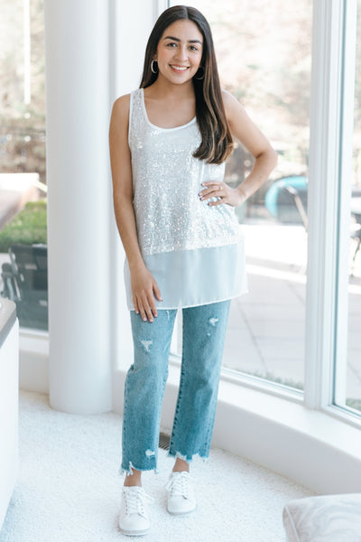 Sequin Tank Top With Chiffon Layer