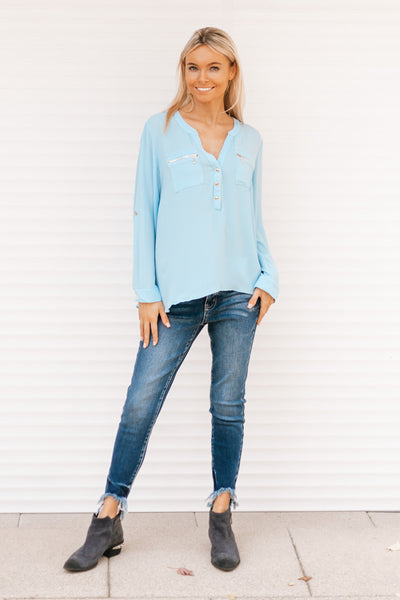 Zipper Detail Rolled Sleeve Henley Top