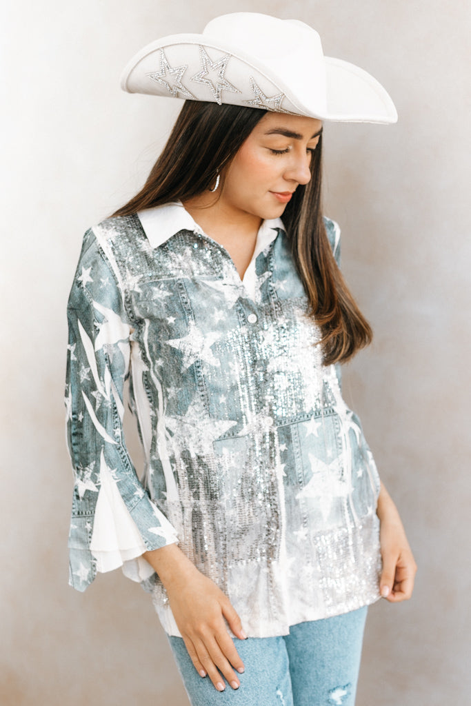 Flare Sleeve Lace & Sequin Button-Up Top