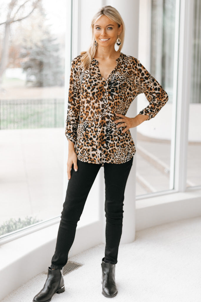 Metallic Leopard Print Button Up Top