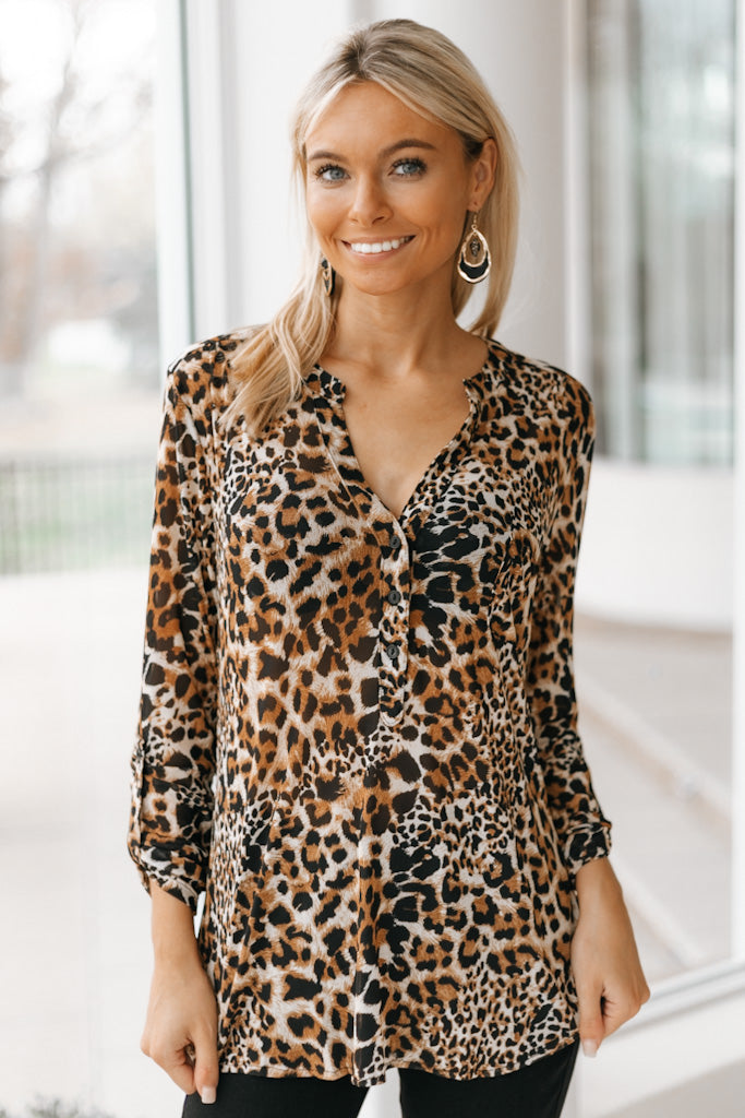 Metallic Leopard Print Button Up Top