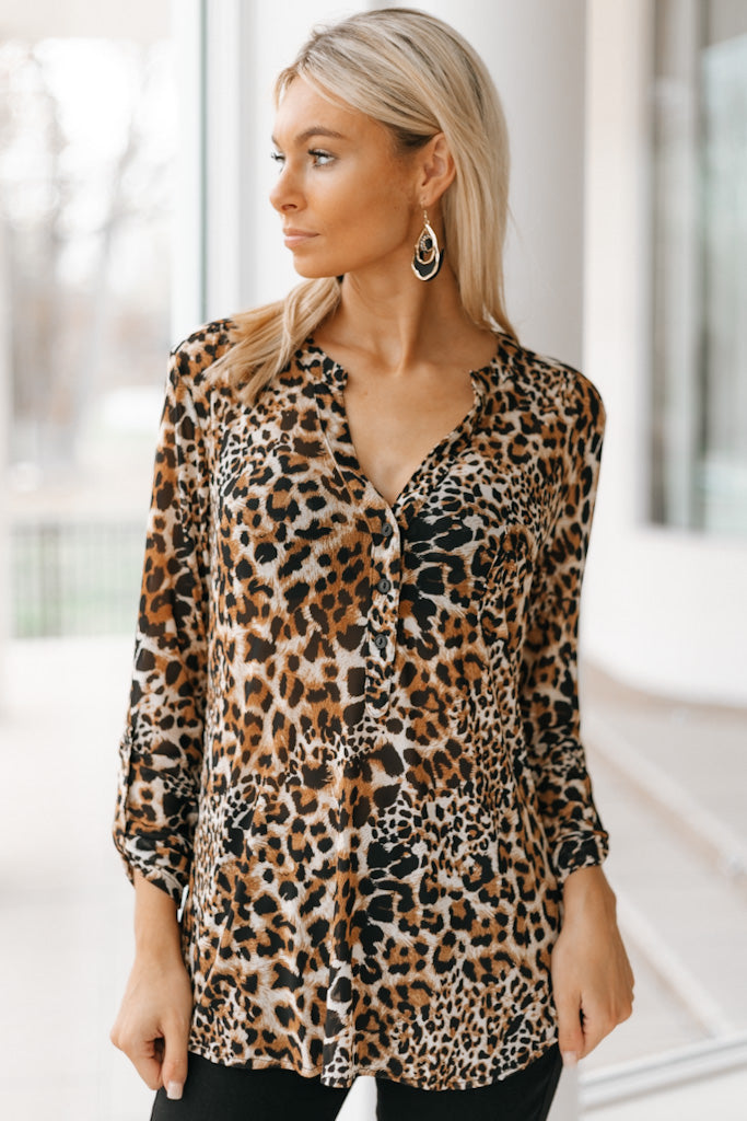 Metallic Leopard Print Button Up Top