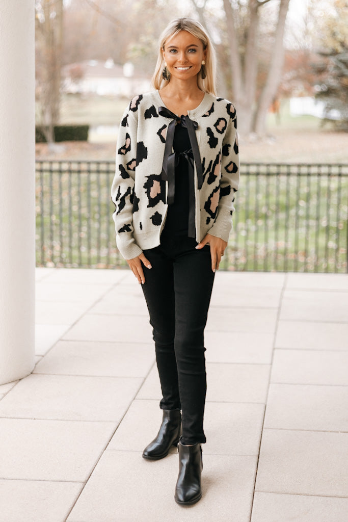 Front Ribbon Leopard Print Sweater