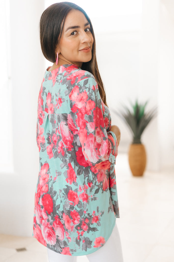 Floral Print V-Neck Button Sleeved Top (SALE)