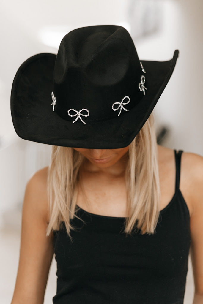 Faux Suede Rhinestone Mini Bow Cowboy Hat