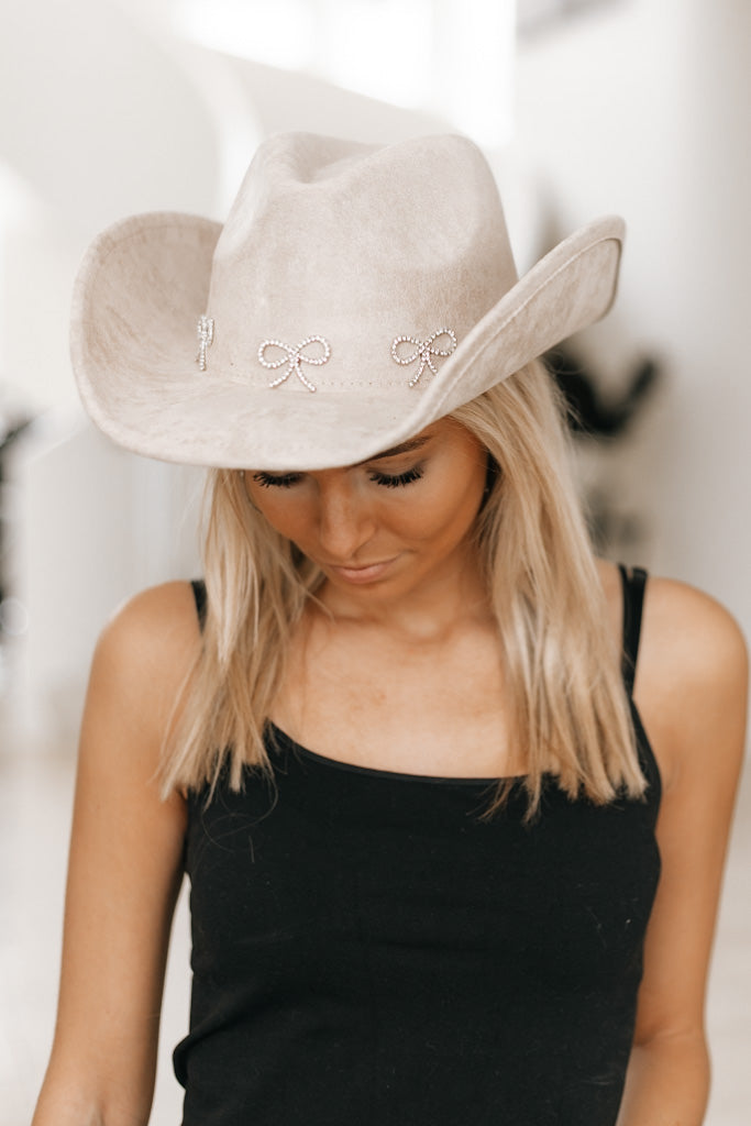 Faux Suede Rhinestone Mini Bow Cowboy Hat