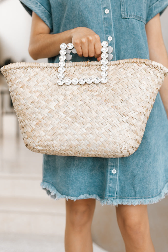 Crystal Square Handle Straw Woven Tote Bag