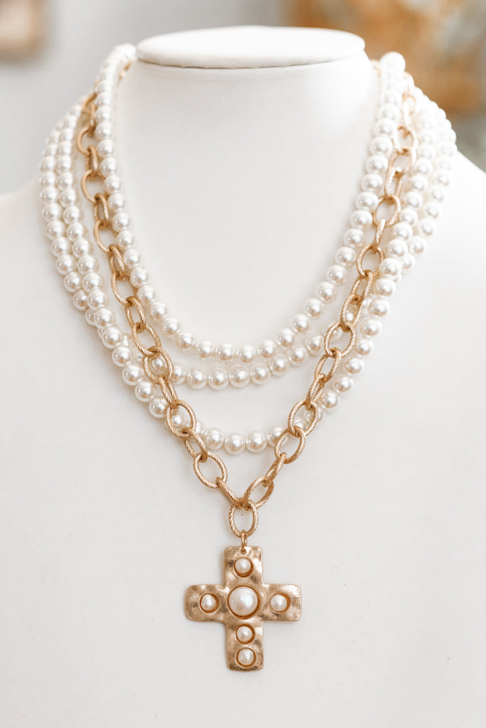 3 Pearl Necklace with Pearl Cross