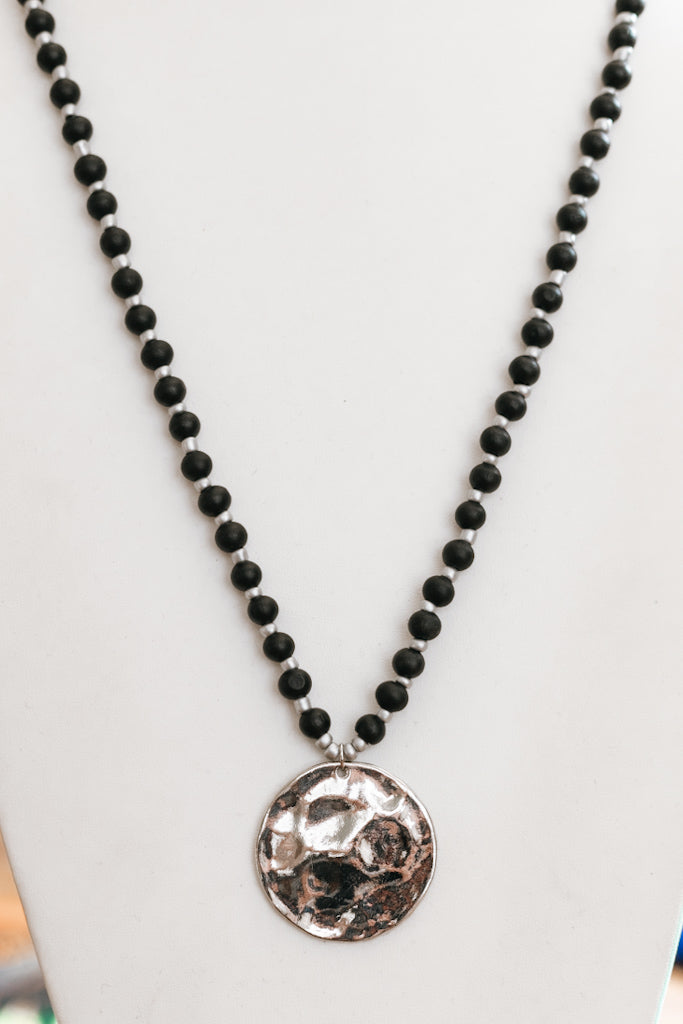 Two Tone Bead Hammer Flat Circle Long Necklace