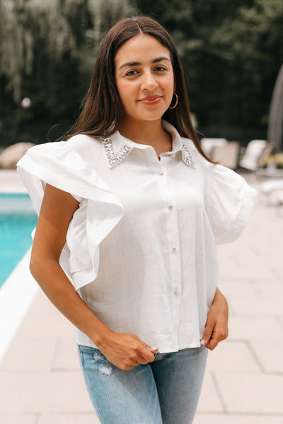 Embellished Ruffle Sleeve Button Down Top