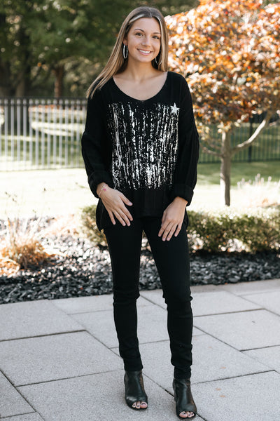 V Neck Sweater with Metallic Silver Accent