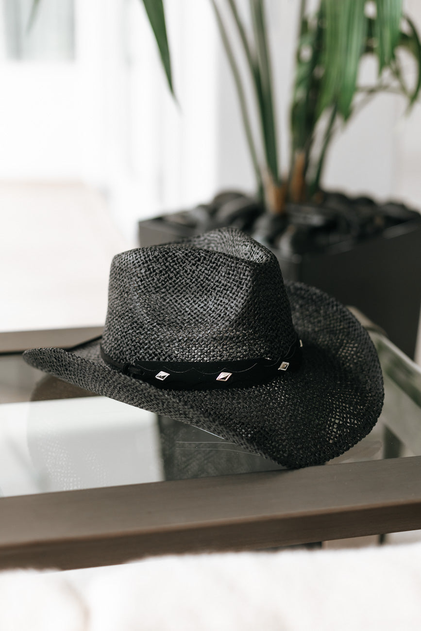 Straw Cowboy Hat With Suede Trim & Diamond Metal Trim