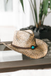Straw Cowboy Hat With Braided Oval Marble Stone Pendant