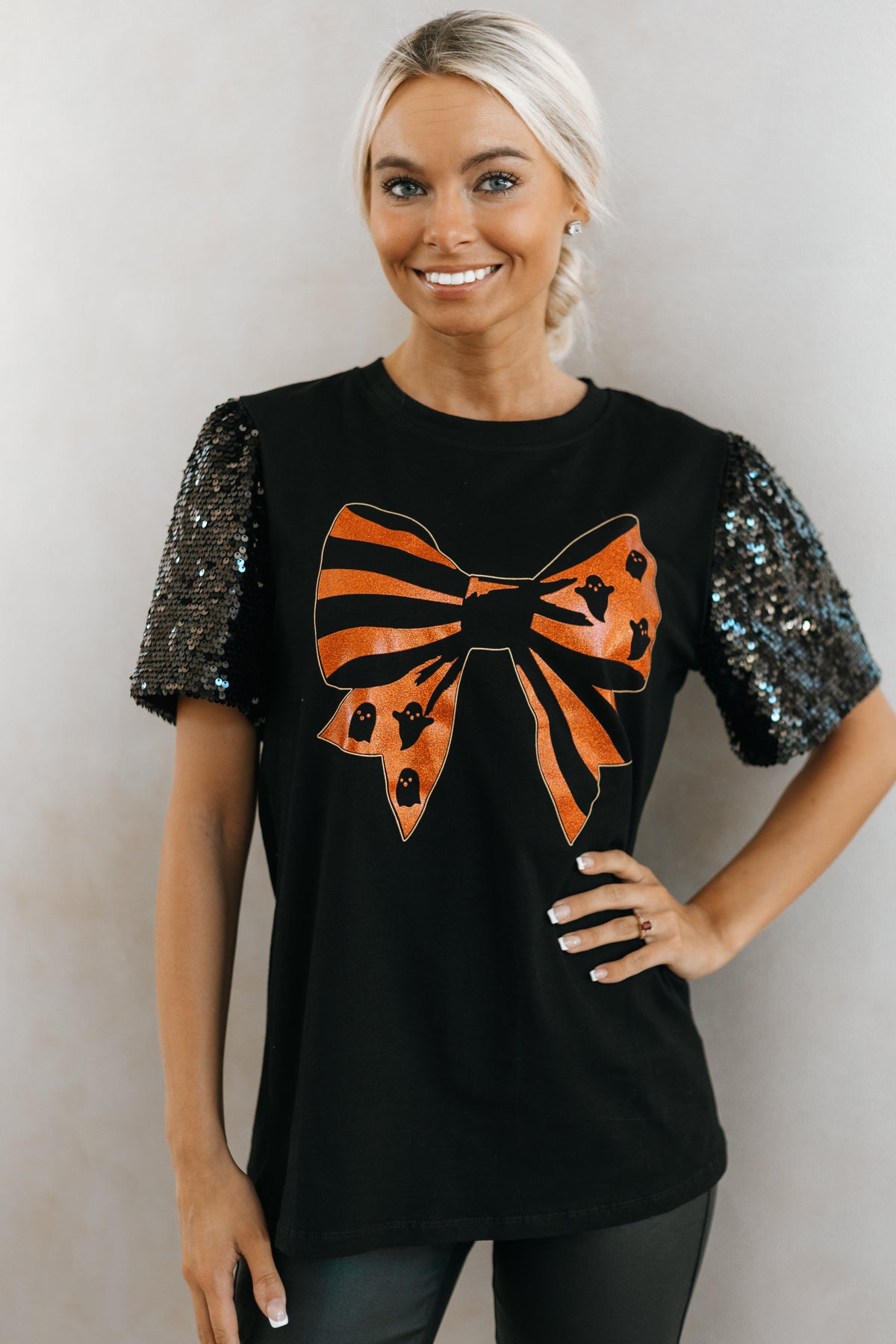 Halloween Bow With Sequins Puff Sleeve Top (SALE)