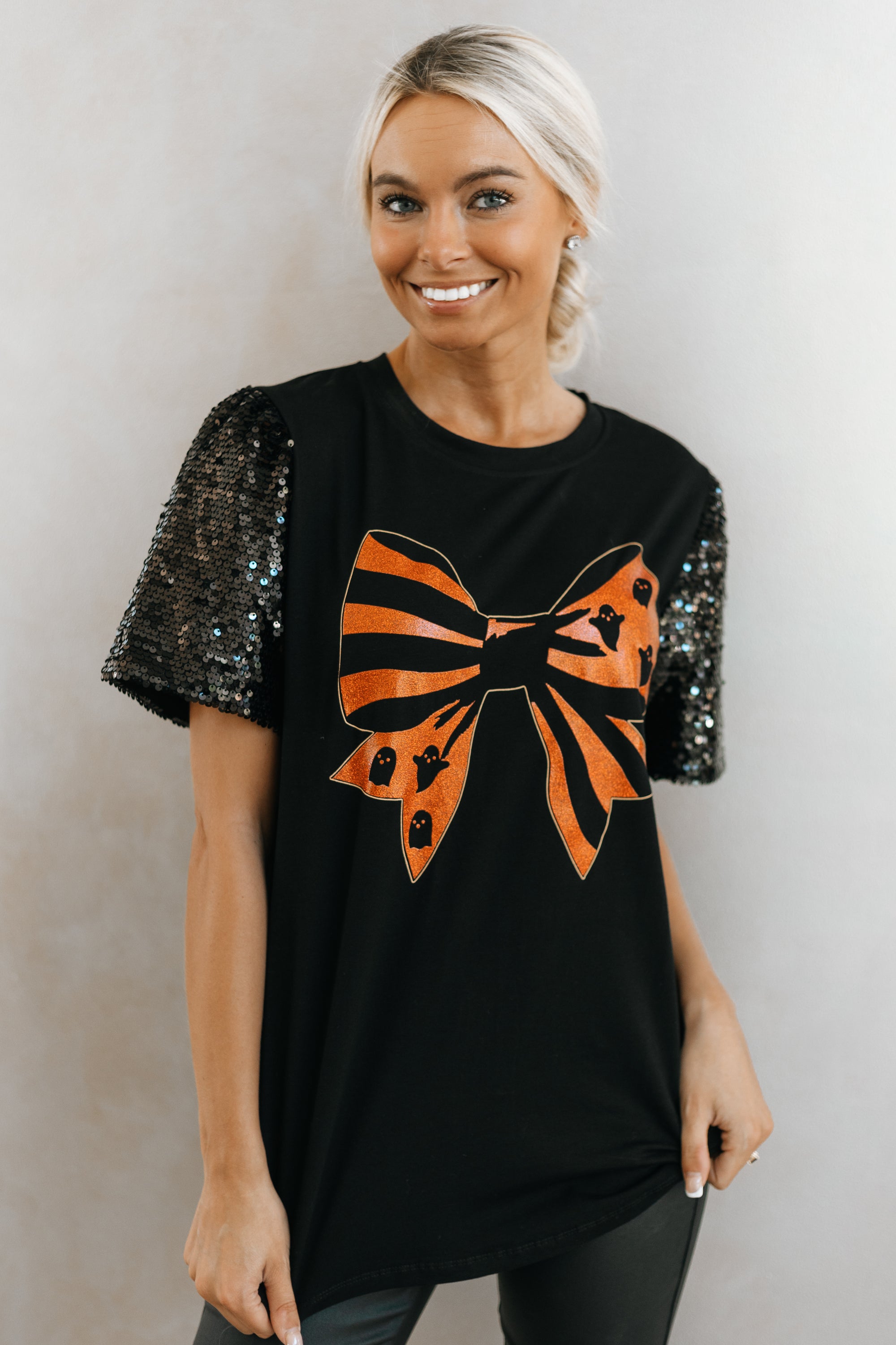 Halloween Bow With Sequins Puff Sleeve Top (SALE)