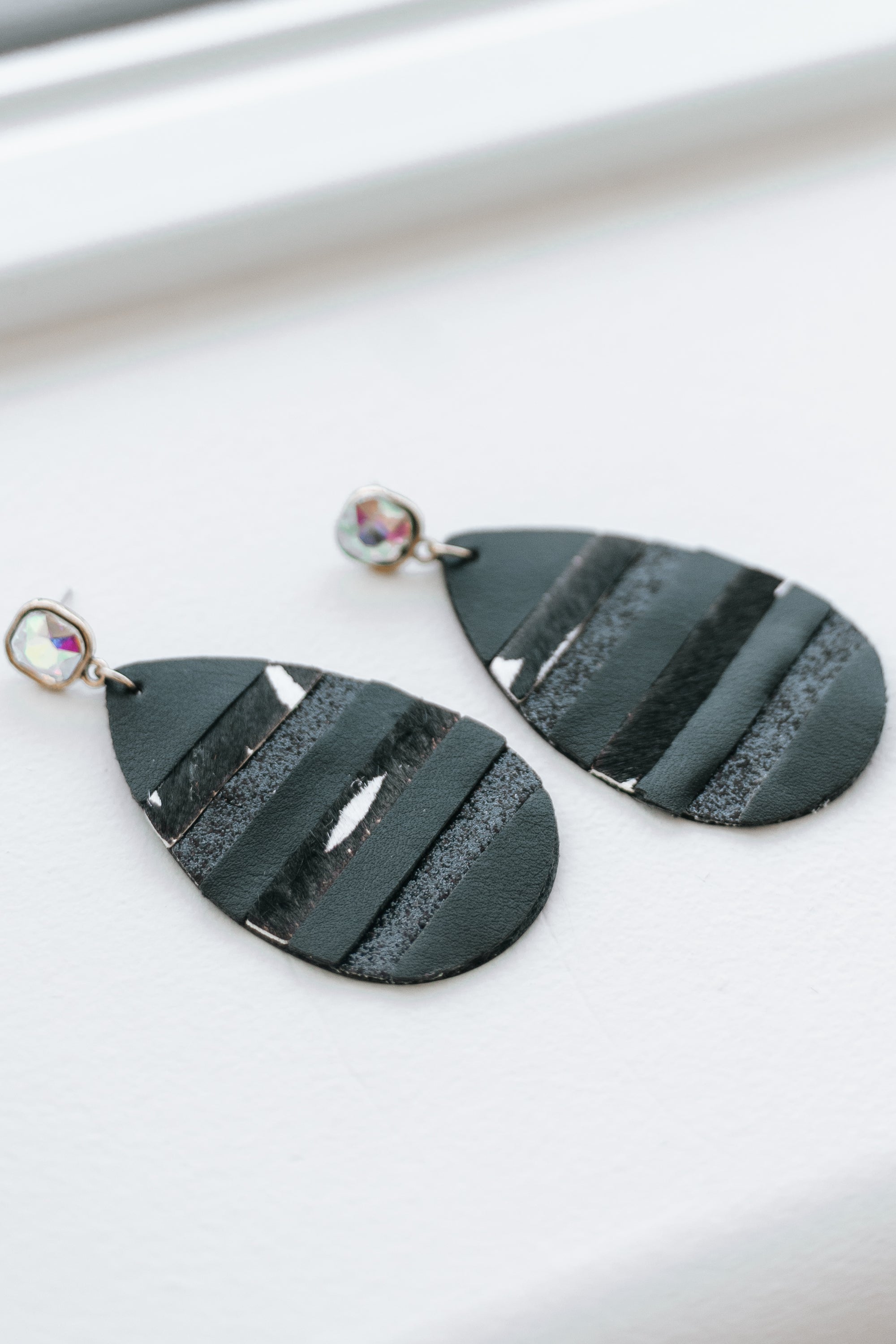 XL Crystal Top Leather Teardrop Earrings