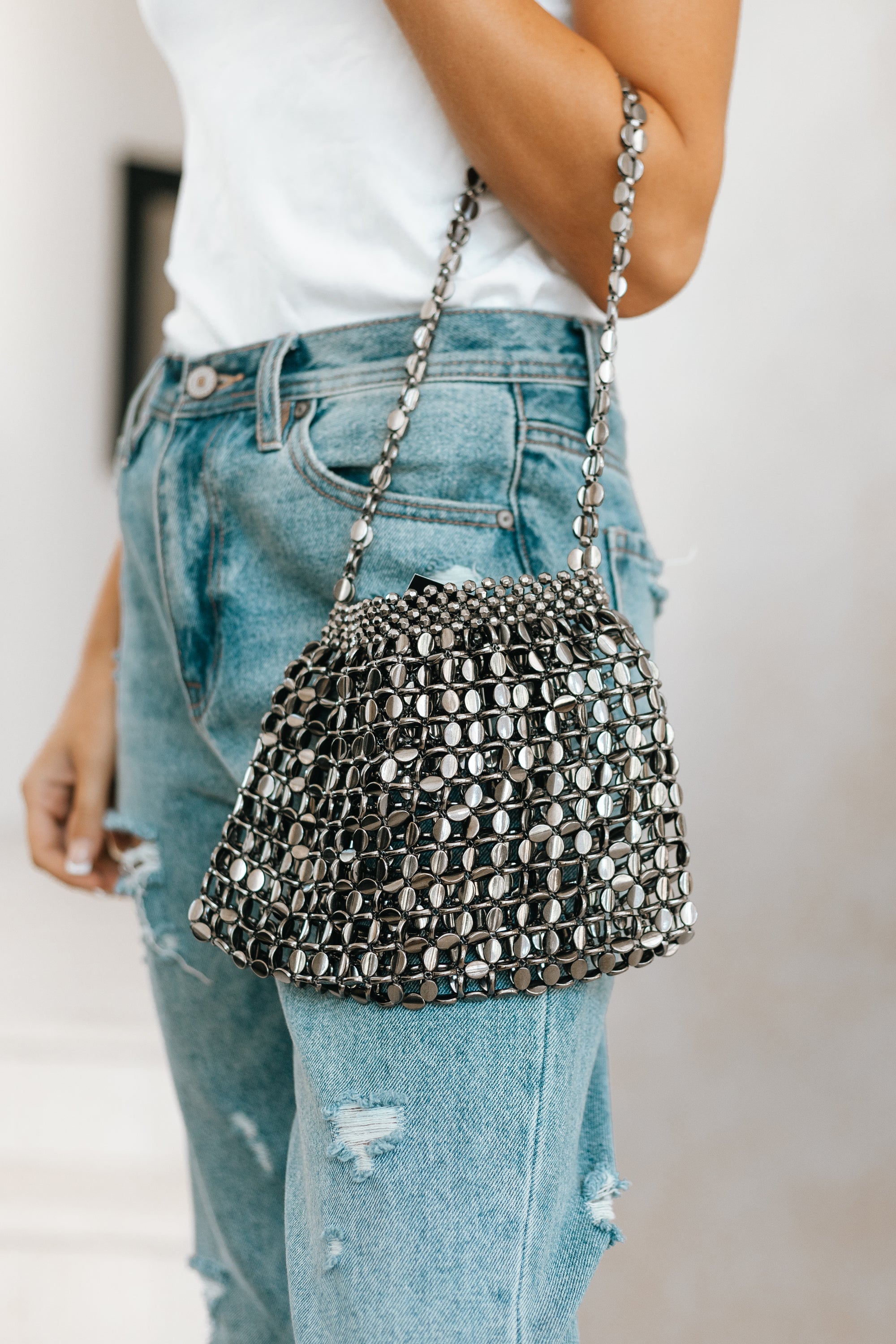 Metal Tone Mesh Shoulder Bag