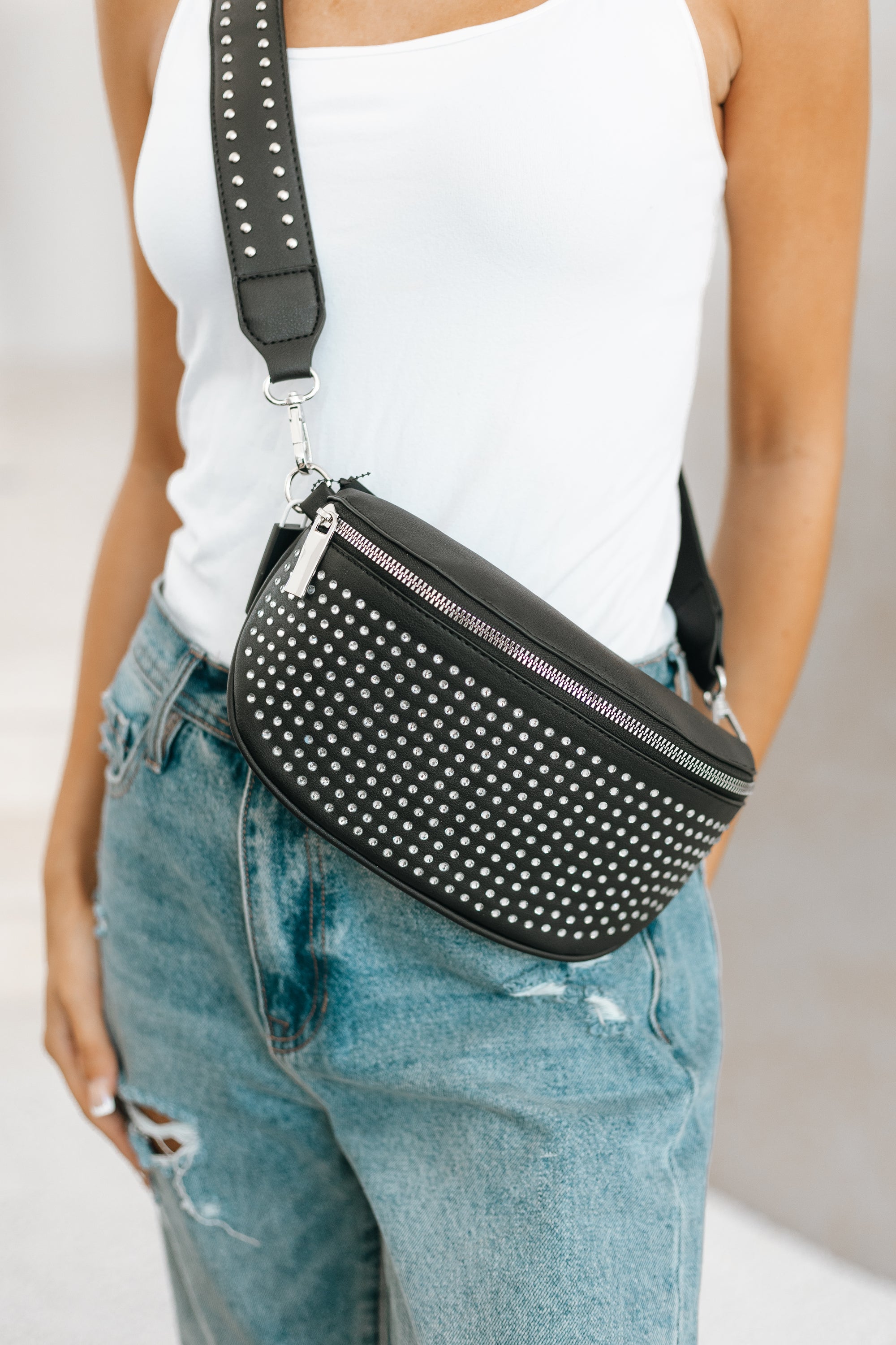 Rhinestone Sling Purse with Studded Strap