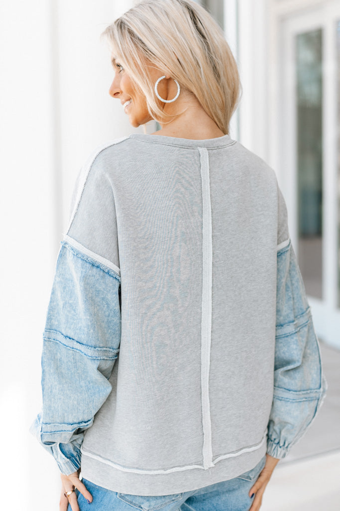 Denim Fringe Sleeve Sweater