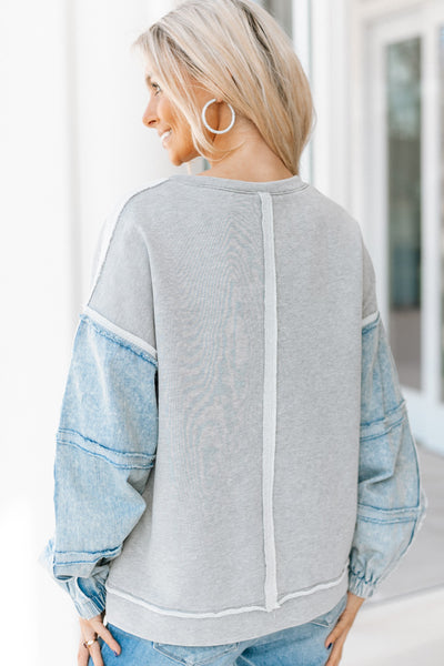 Denim Fringe Sleeve Sweater