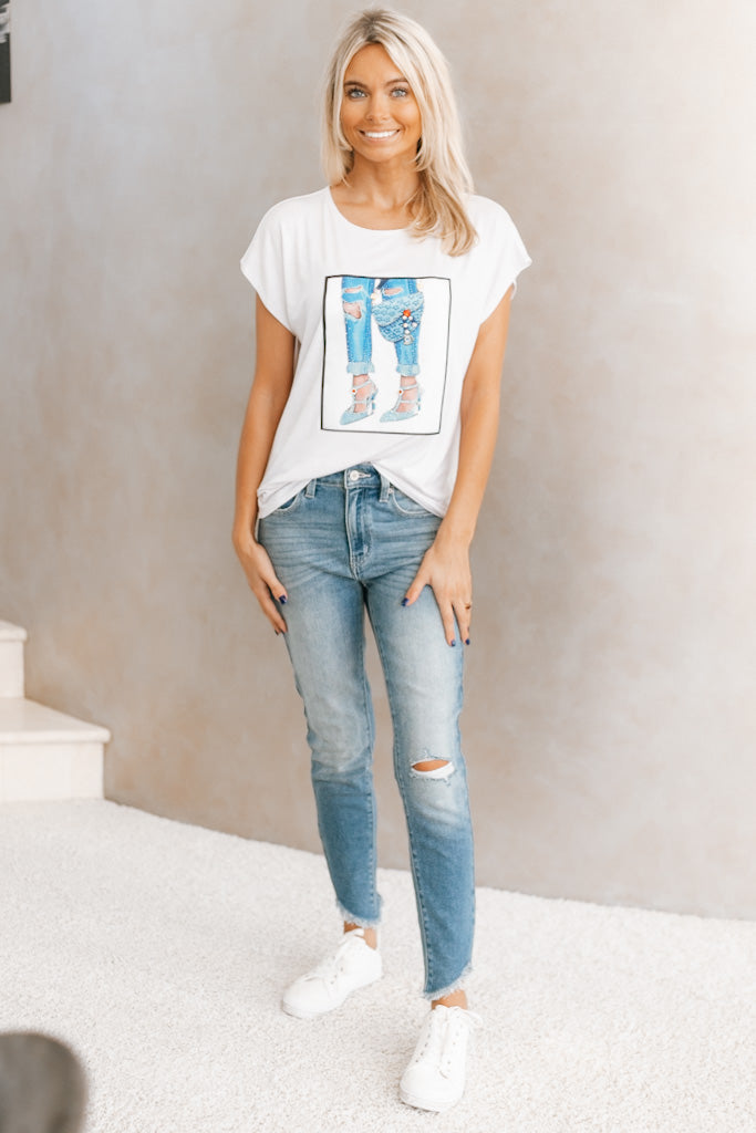 Ripped Denim & Heels Rhinestone Top