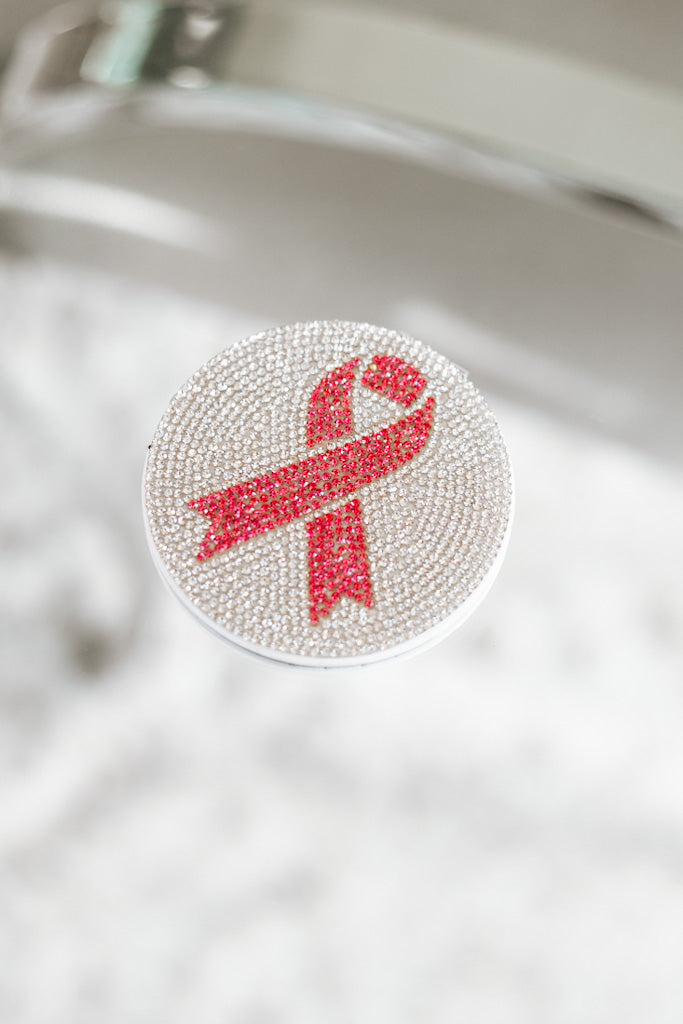 Rhinestone Breast Cancer Awareness Ribbon Compact Mirror