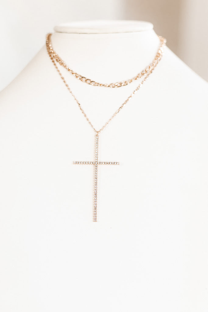 Two Chain Layer Long Skinny Cross Necklace