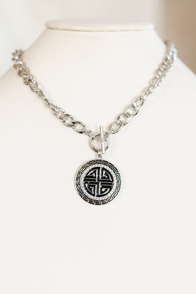 Greek Key Pendant Rhinestone Trim Toggle Necklace