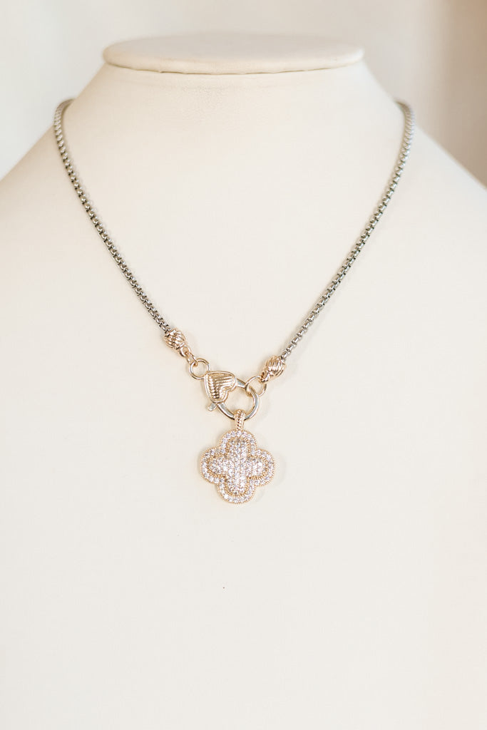 All Pave Raised Middle Clover & Clasp Necklace