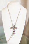 Long Rhinestone Cord XL Oval & Flower Cross Necklace