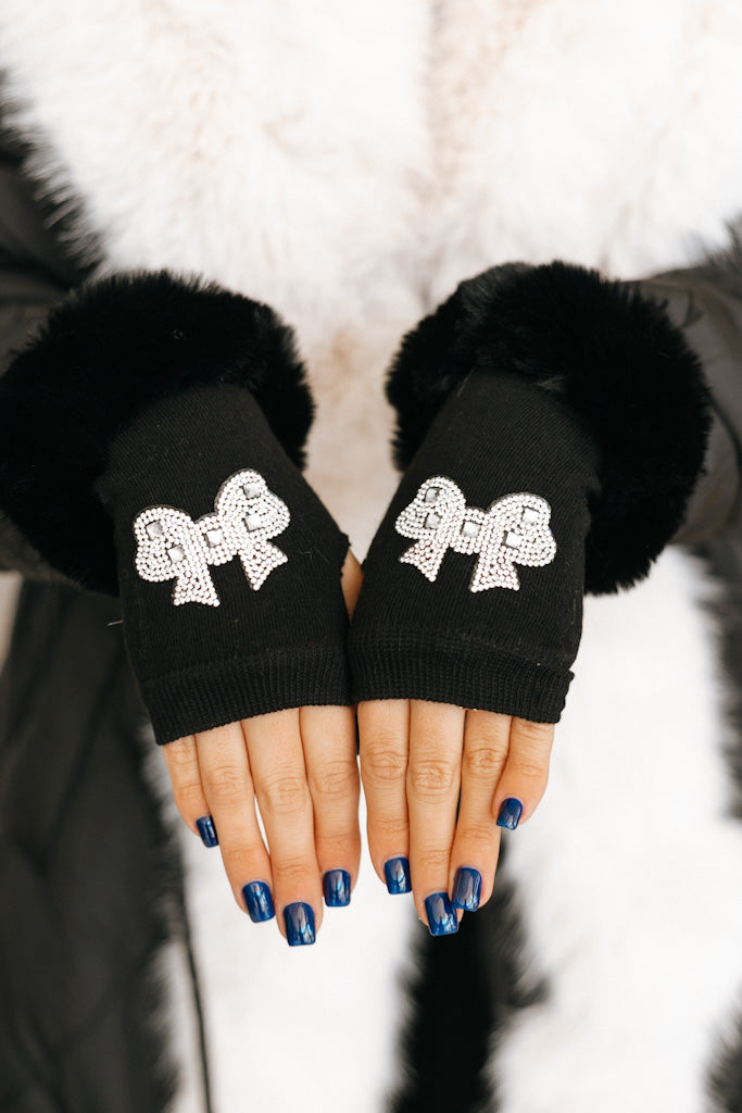 Fur Trim Bow Rhinestone Fingerless Gloves