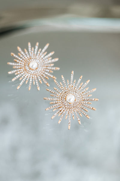 Large Rhinestone Sunburst Pearl Middle Earring