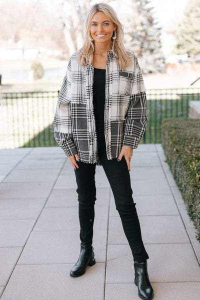 Plaid Waffle Knit Fringed Shacket