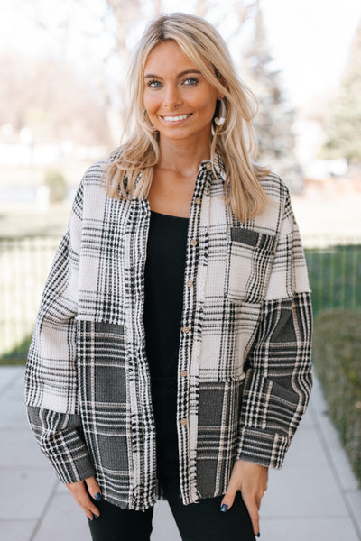 Plaid Waffle Knit Fringed Shacket