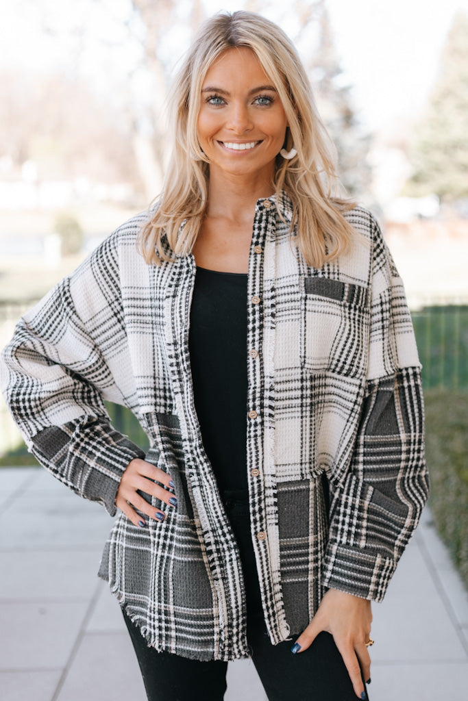 Plaid Waffle Knit Fringed Shacket