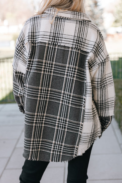 Plaid Waffle Knit Fringed Shacket