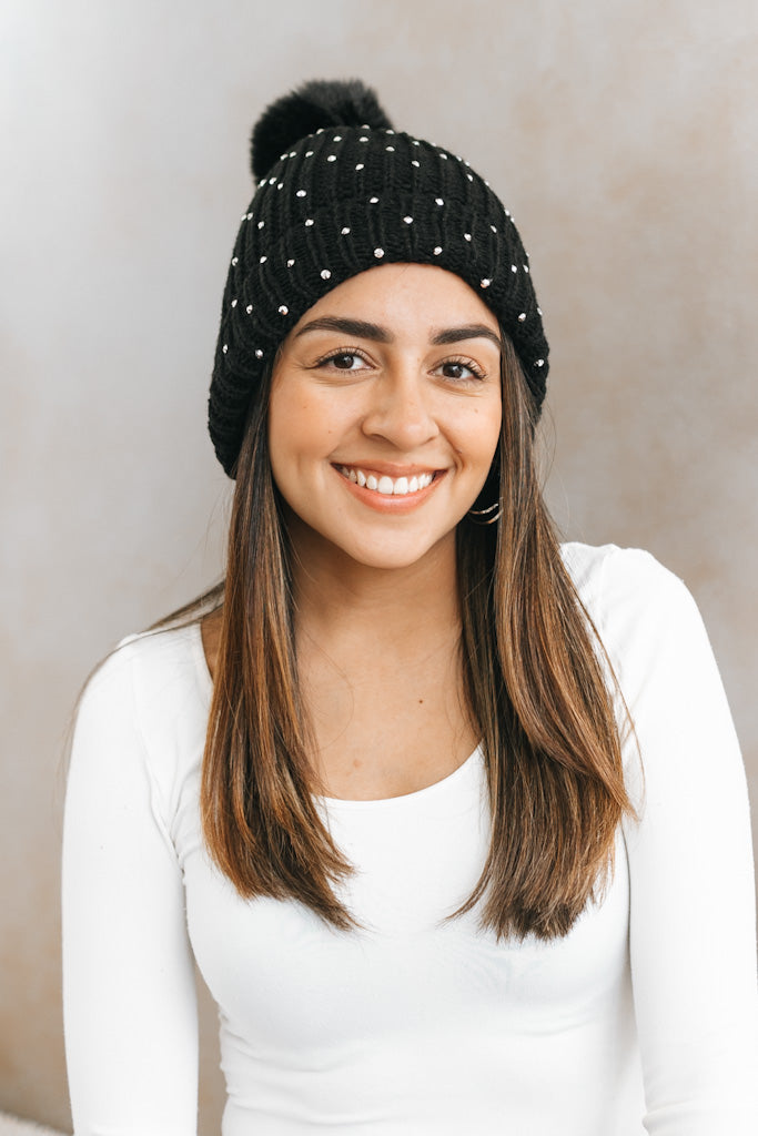 Knitted Spaced Stud Beanie With Pom - Glitz & Ears Boutique