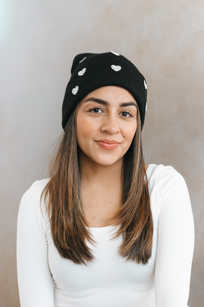 Small Rhinestone Heart Beanie