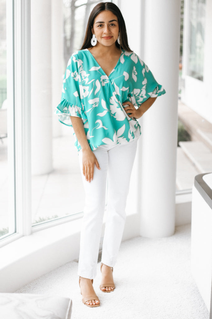 Flower Print Crossover Top with Bell Sleeves (SALE)