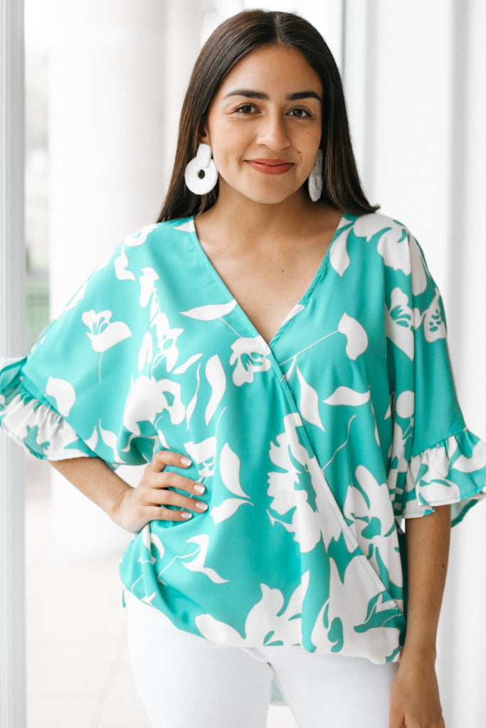 Flower Print Crossover Top with Bell Sleeves (SALE)