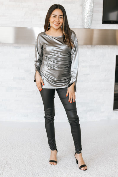 Round Neck Ruched Metallic Long Sleeve