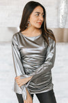 Round Neck Ruched Metallic Long Sleeve